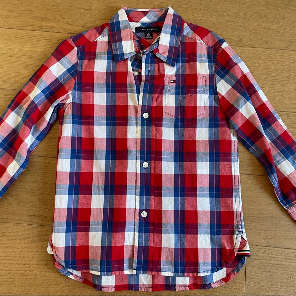 Tommy Hilfiger Red and Blue Plaid Kids Button Up Shirt XS 4-5T